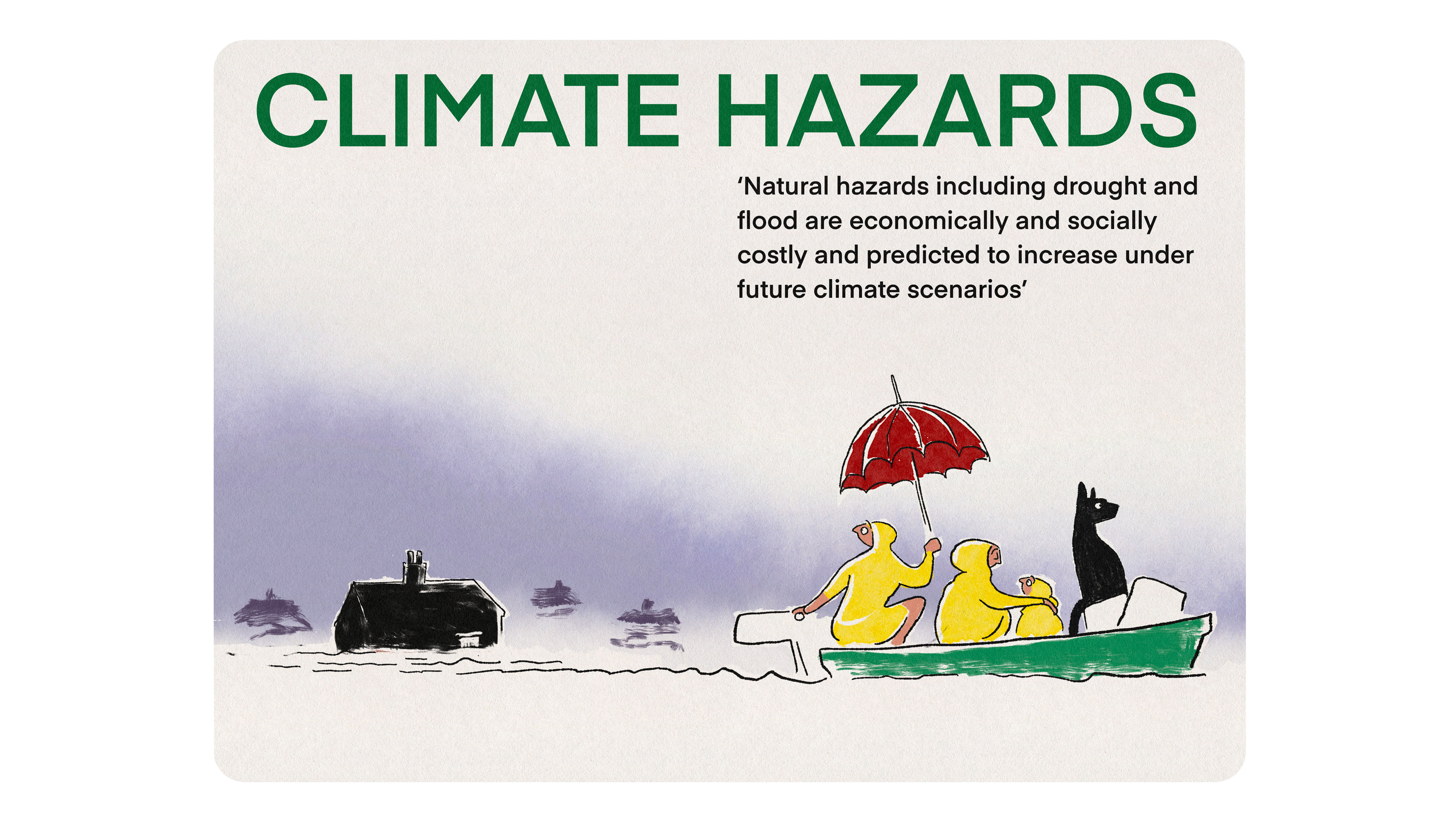 A family use a boat to sail away from their flooded home. Climate Hazards: Natural hazards including drought and flood are economically and socially costly and predicted to increase under future climate scenarios.